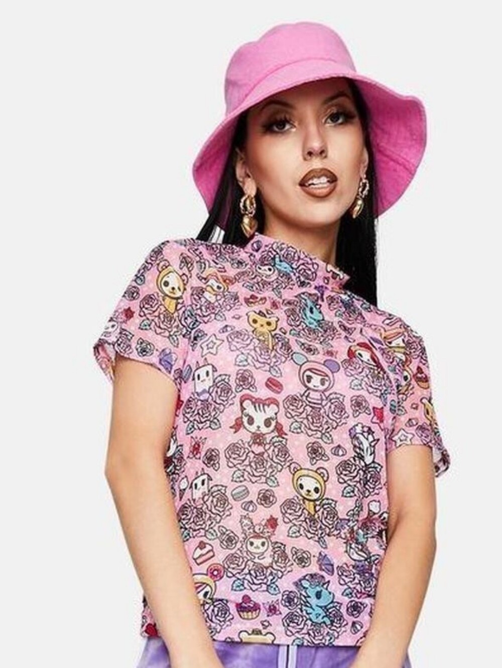 TokiDoki Flowery Friends Pink Short Sleeve Mock Turtleneck